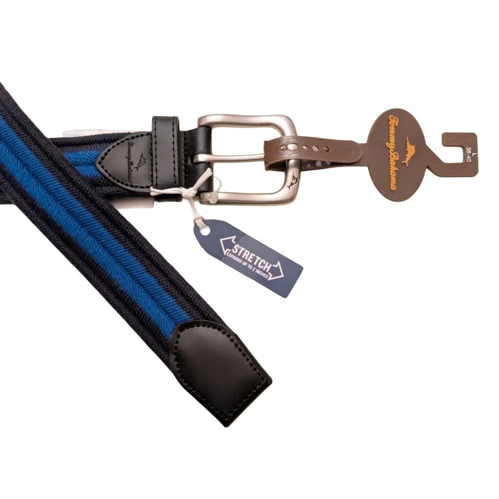 Tommy Bahama Men's Blue Striped Stretch Belt Leather Trim  Sz L 38-40 NWT $70